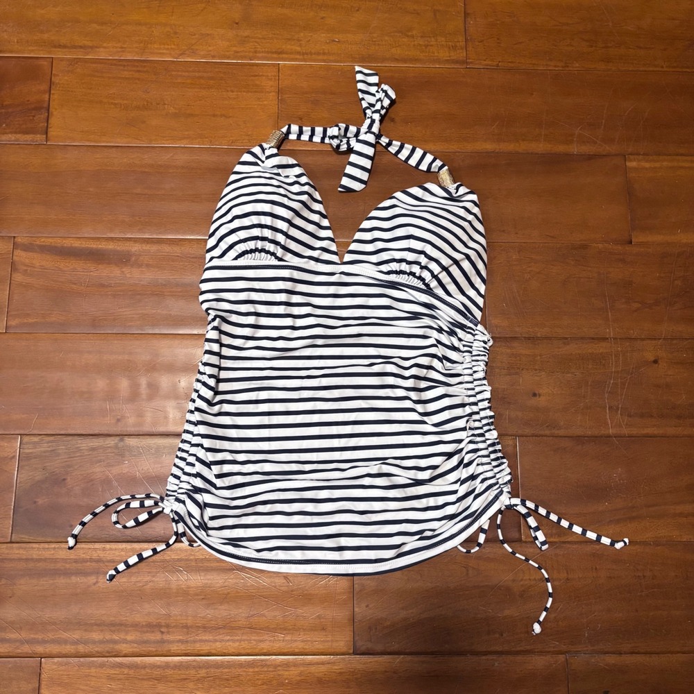 Black White Striped Halter Tankini Top Ruched Sides Gold Hardware Large